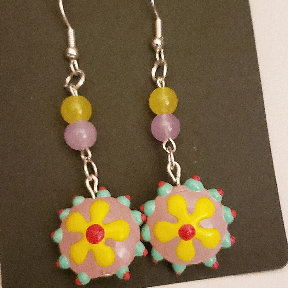 Handmade Pink Yellow Red Blue Beaded Flower Boho Dangle Earrings